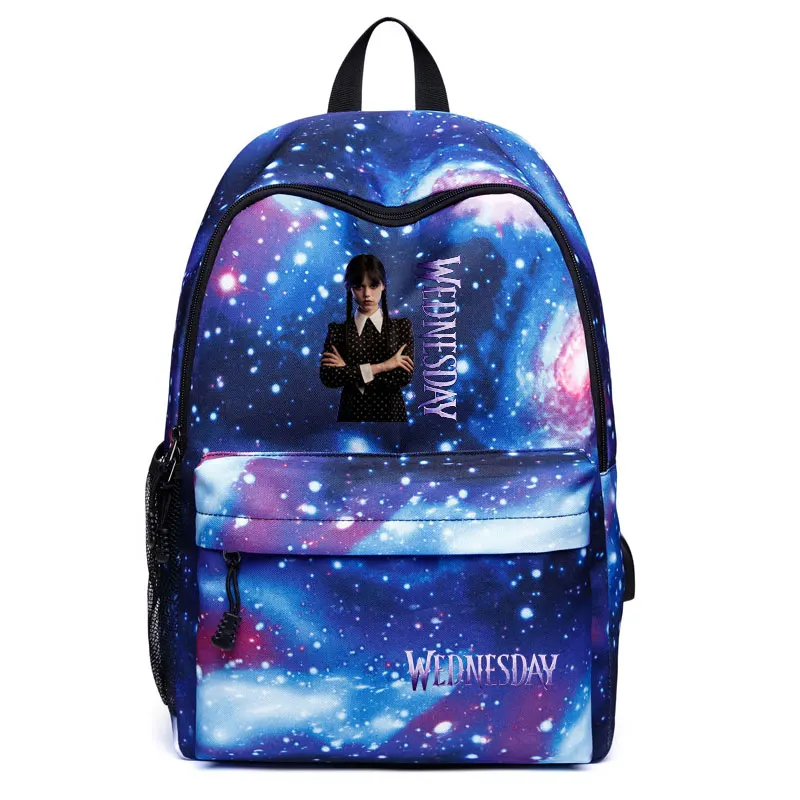 

Anime Fashion USB Charge School Backpack Wednesday Addams Print Daypack Larger Capacity Star Night Schoolbag For Teenagers