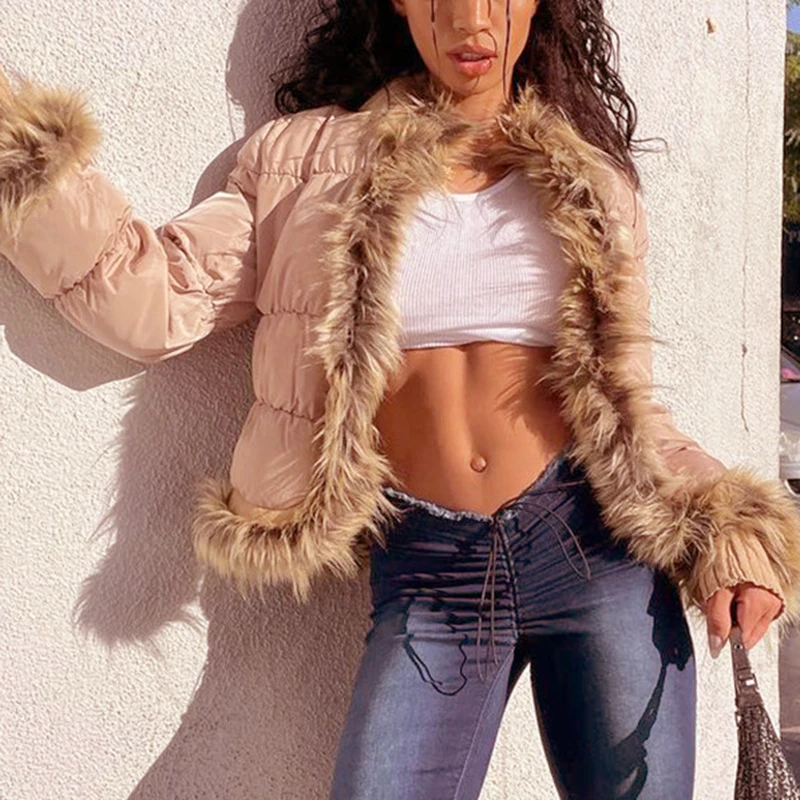Womens Cardigan Down Jackets Long Sleeve Thicken Puffer Jackets Drawstring Removable Fur Trim Coats