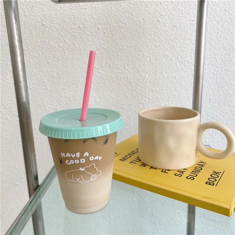 1pc Cute Water Bottle For Coffee Juice Milk Tea Kawaii Plastic Cold Cups With Lid Straw Portable Reusable Drinking Bottle BPA