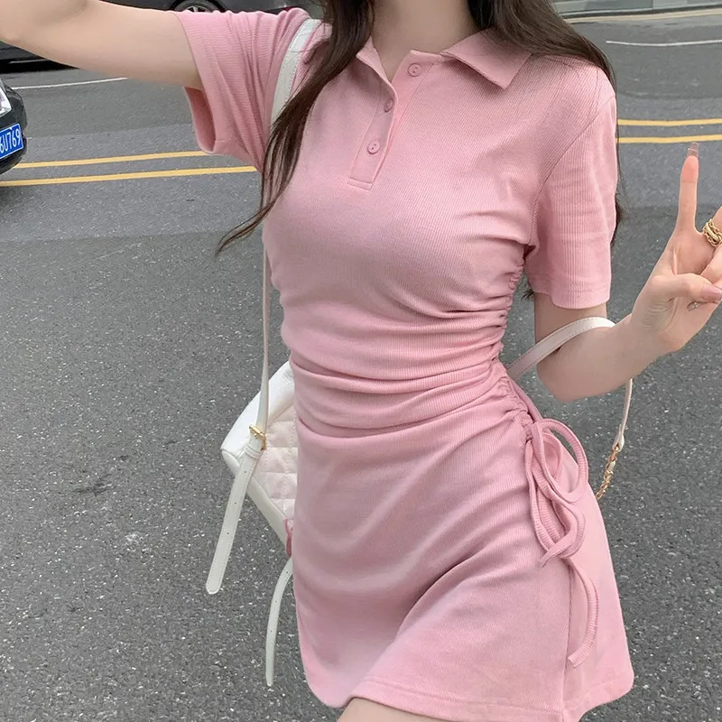 

Korean version of college style lapel slim dress summer pleated waist slim short sleeve T-shirt hip skirt dress