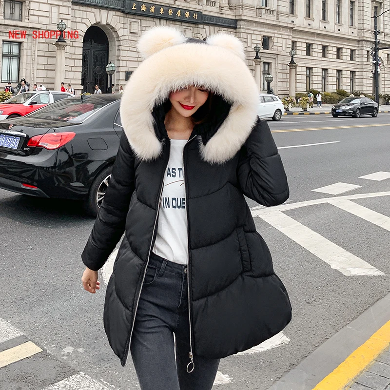 

2020 New Winter Jacket Hooded Fur Collar Hairball Sweet Cute Loose Cotton Coat Student Plus Size Long Parkas Women Pink Black