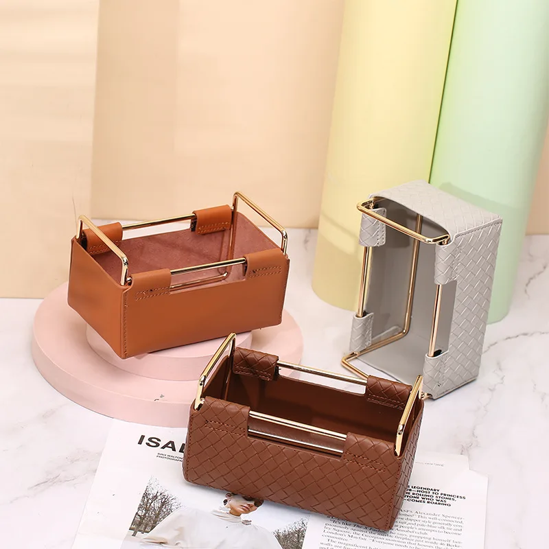 

Square Iron Storage Basket Desktop Remote Control Cosmetic Leather Storage Box Light Luxury Pen Holder Ornament