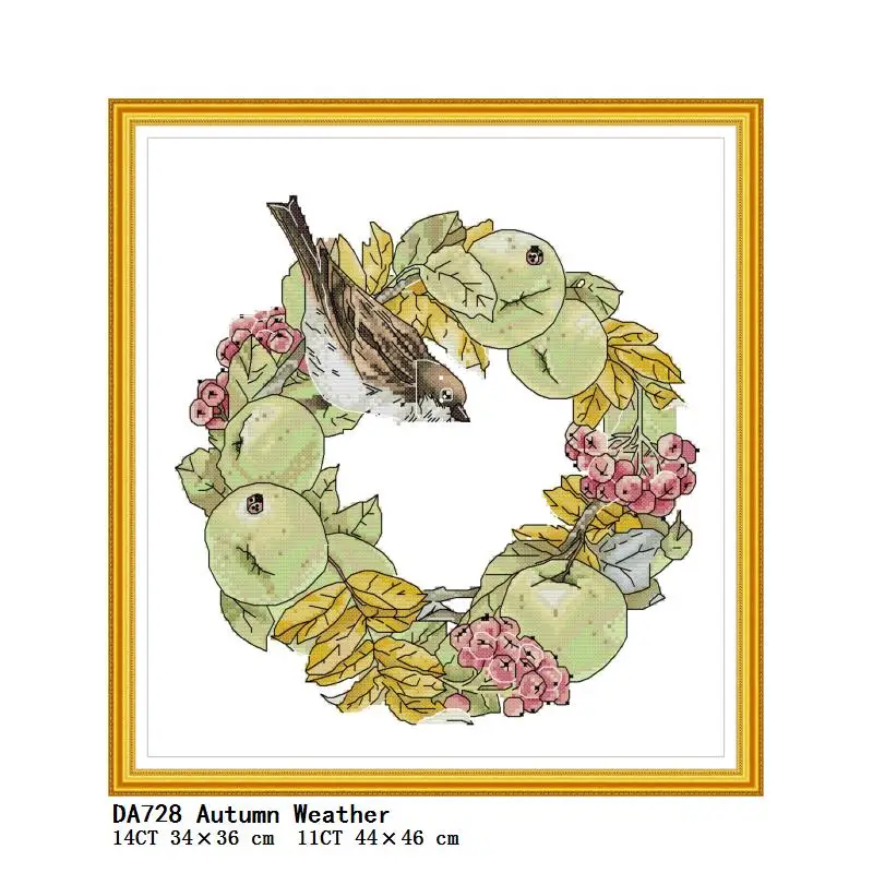 

Birds And Autumn Fruits Cross Stitch Kits 14CT 11CT White Fabric Printed Embroidery Set DIY Hand Sewing Needlework Crafts