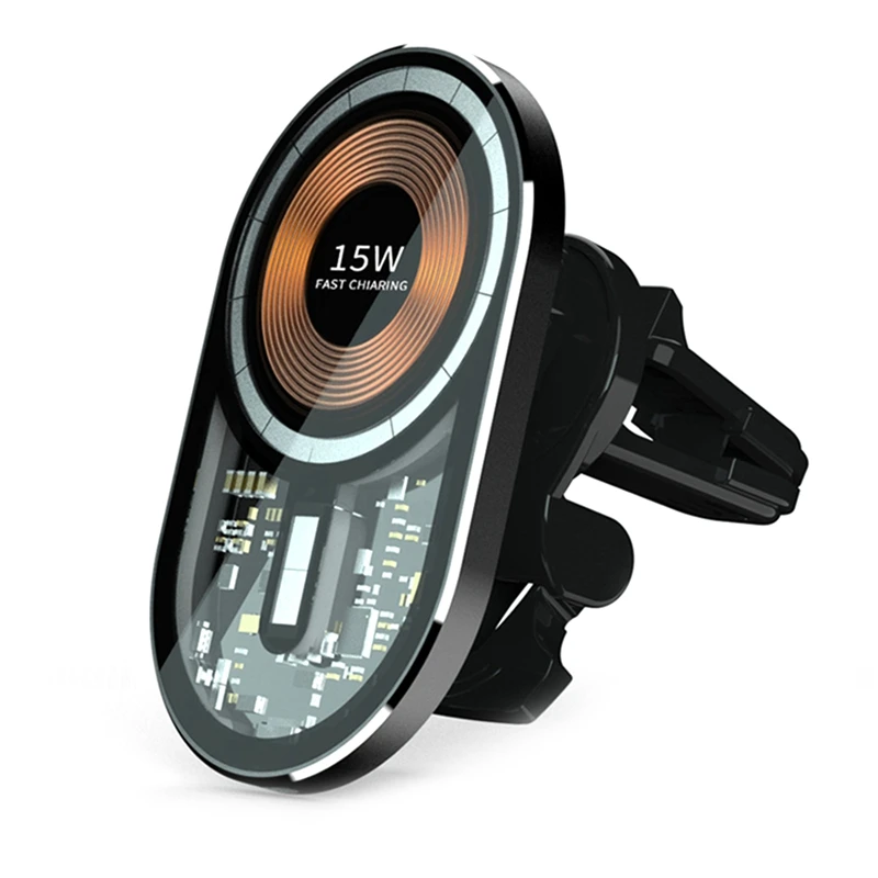 

Магнитное беспроводное автомобильное зарядное устройство 15 Вт для автомобиля, держатель для телефона, прозрачное закаленное стекло, метал...