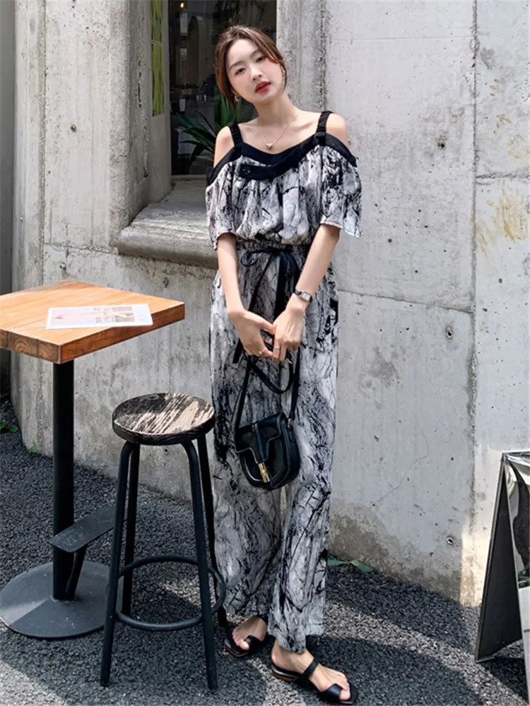 

Vintage Print Off The Shoulderr Wide Leg Jumpsuit 2022 Summer Women Elegant Short Sleeve One Piece Pants Set Overall Romper L92