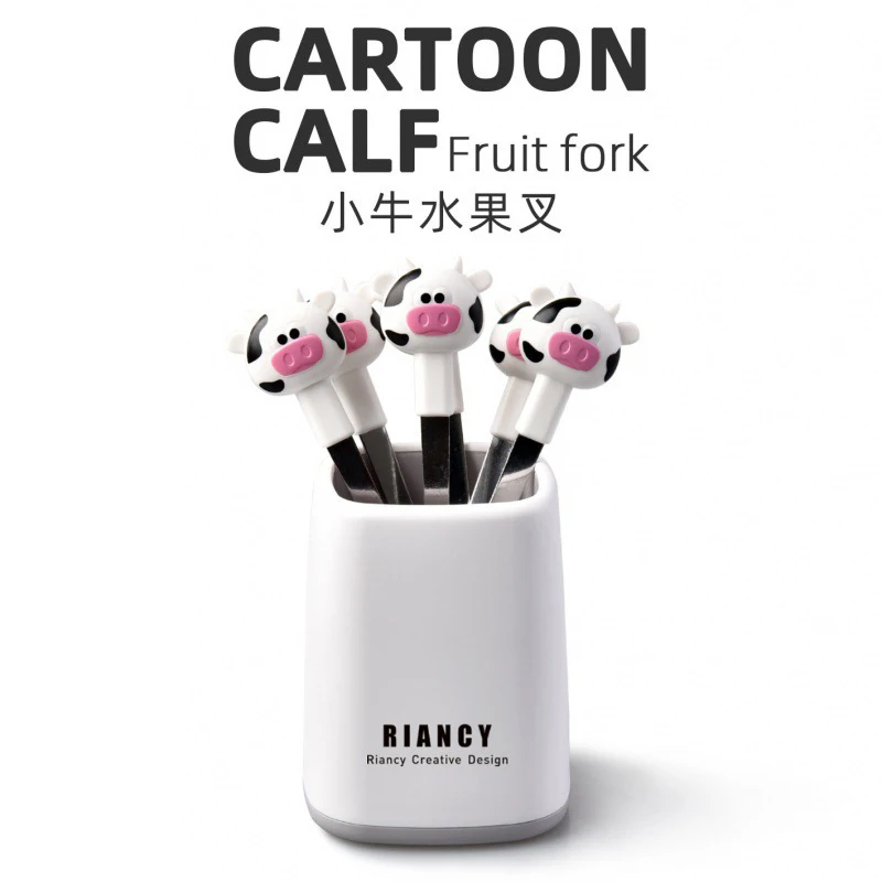 

6pcs Cartoon Calf Cute Mini Fruit Fork Set Stainless Steel Dessert Cake Fork Children's Lovely Snack Fork With Storage Tank
