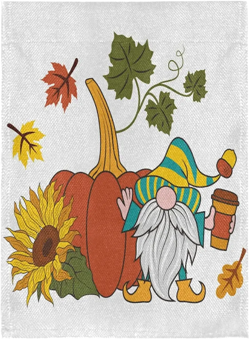 

Pumpkin Sunflower Autumn Leaves and Gnome Burlap Garden Flag Double Sided,House Yard Flags,Holiday Seasonal Outdoor Decorative F