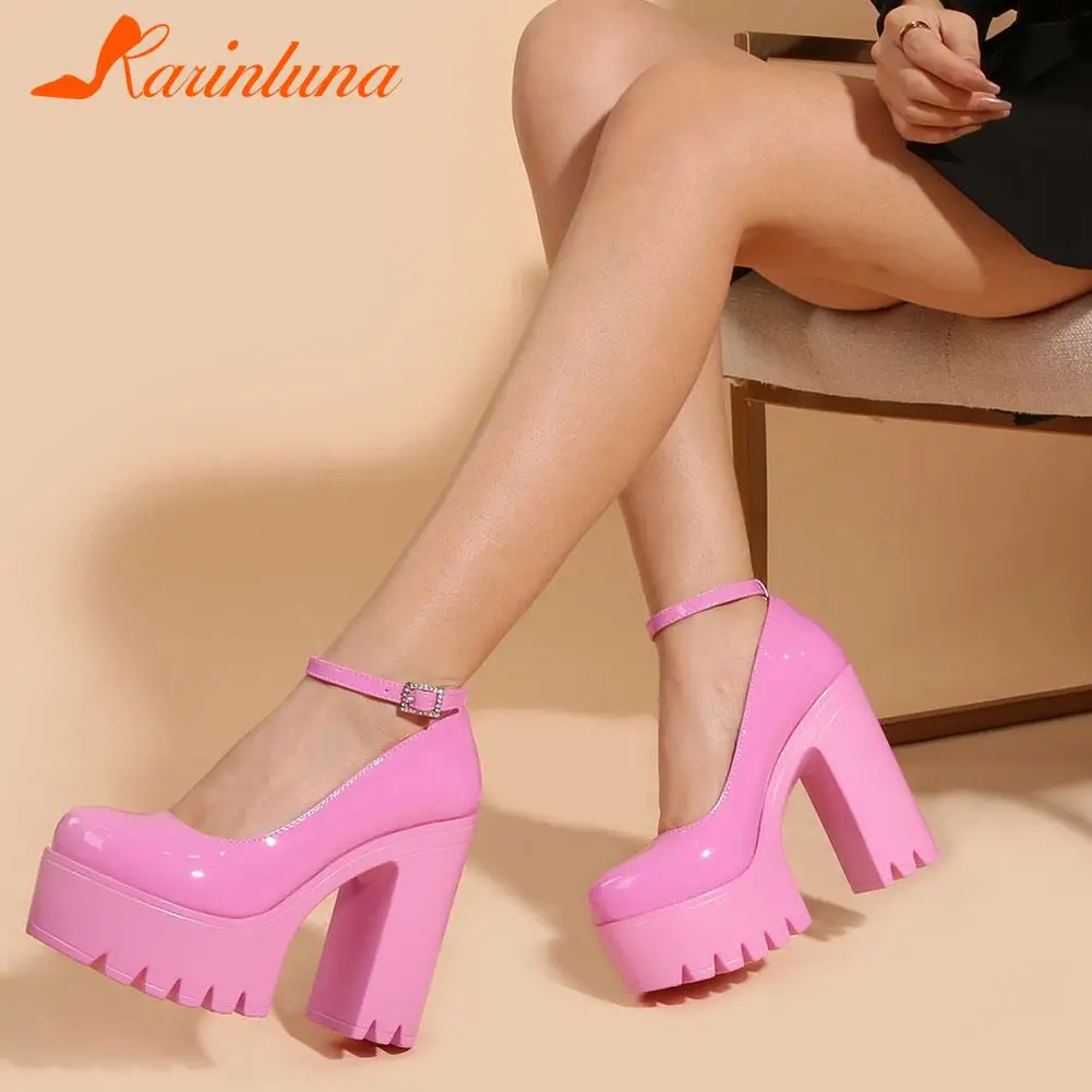 

Karinluna Fashion Pink Patent Square High Hreels Platform Buckle Strap non-slip Women Pumps Spring Autumn Sexy Party Lady Shoes