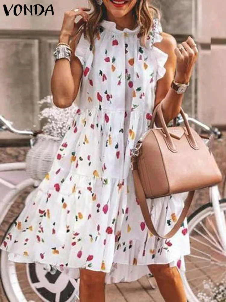 

Summer Ruffled Dress VONDA 2022 Women Vintage Stand Collar Floral Print Mini Dress Casual Vestido Bohemian Party Sundress Femme