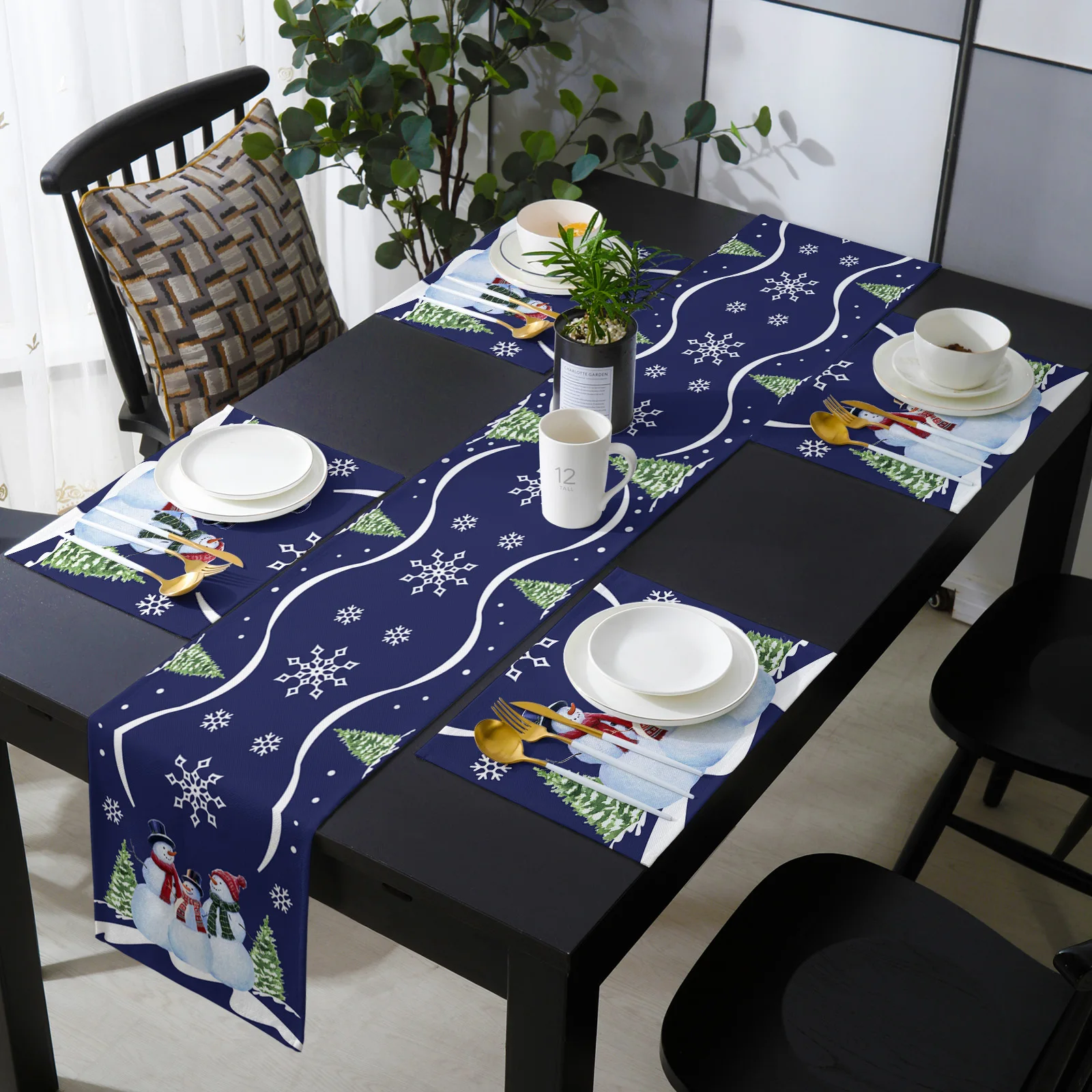 

Christmas Snowman Christmas Tree Blue Wedding Table Runner Placemat Party Table Mat Tea Cabinet Cover Home Decorative Tablecloth