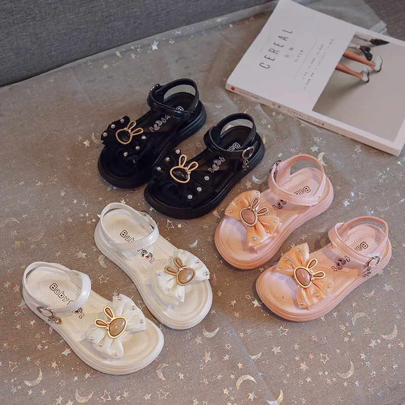 

Girls Sandals 2023 Summer New Little Girl Bow Cartoon Princess Shoes Children's Beach Shoes