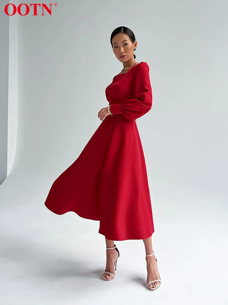 

OOTN Red Black A-Line Bodycon Dress Women 2022 Summer Puff Sleeve Party Long Dress Pleated Square Collar Lace Up Elegant Dress