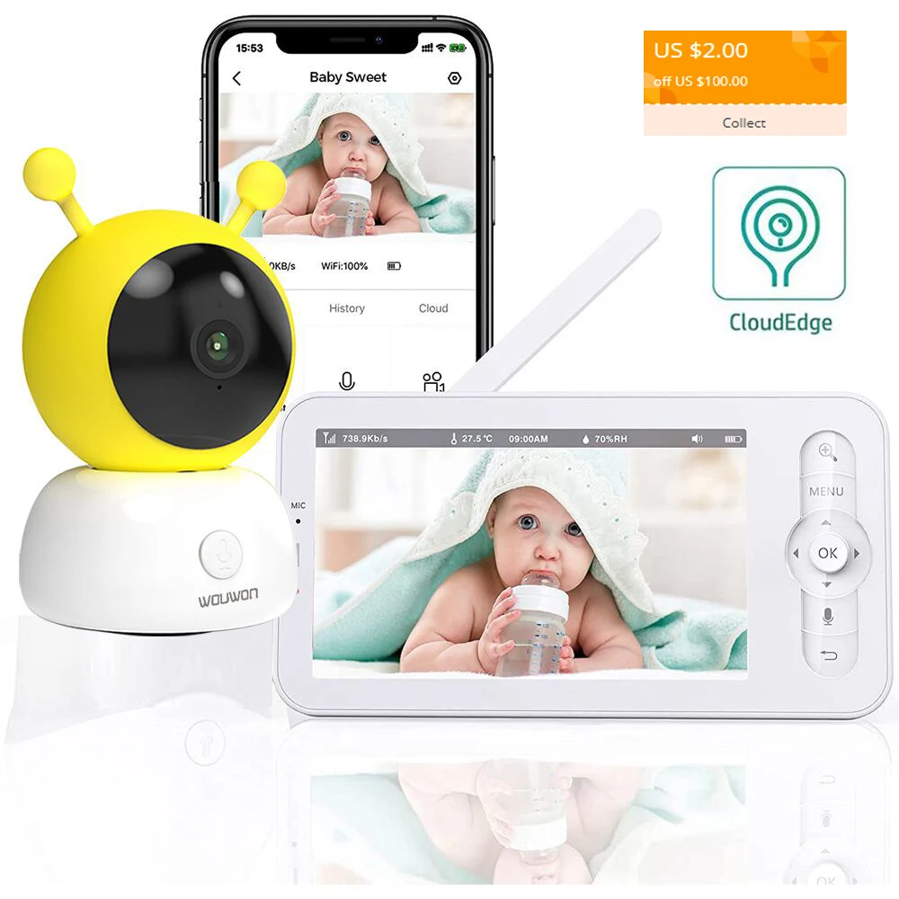 

WOUWON Baby Monitor Babyphone Camera Video Baby Camera Bebe Nanny HD 5 Inch LCD Two Way Talk PTZ Lullabies For New Born