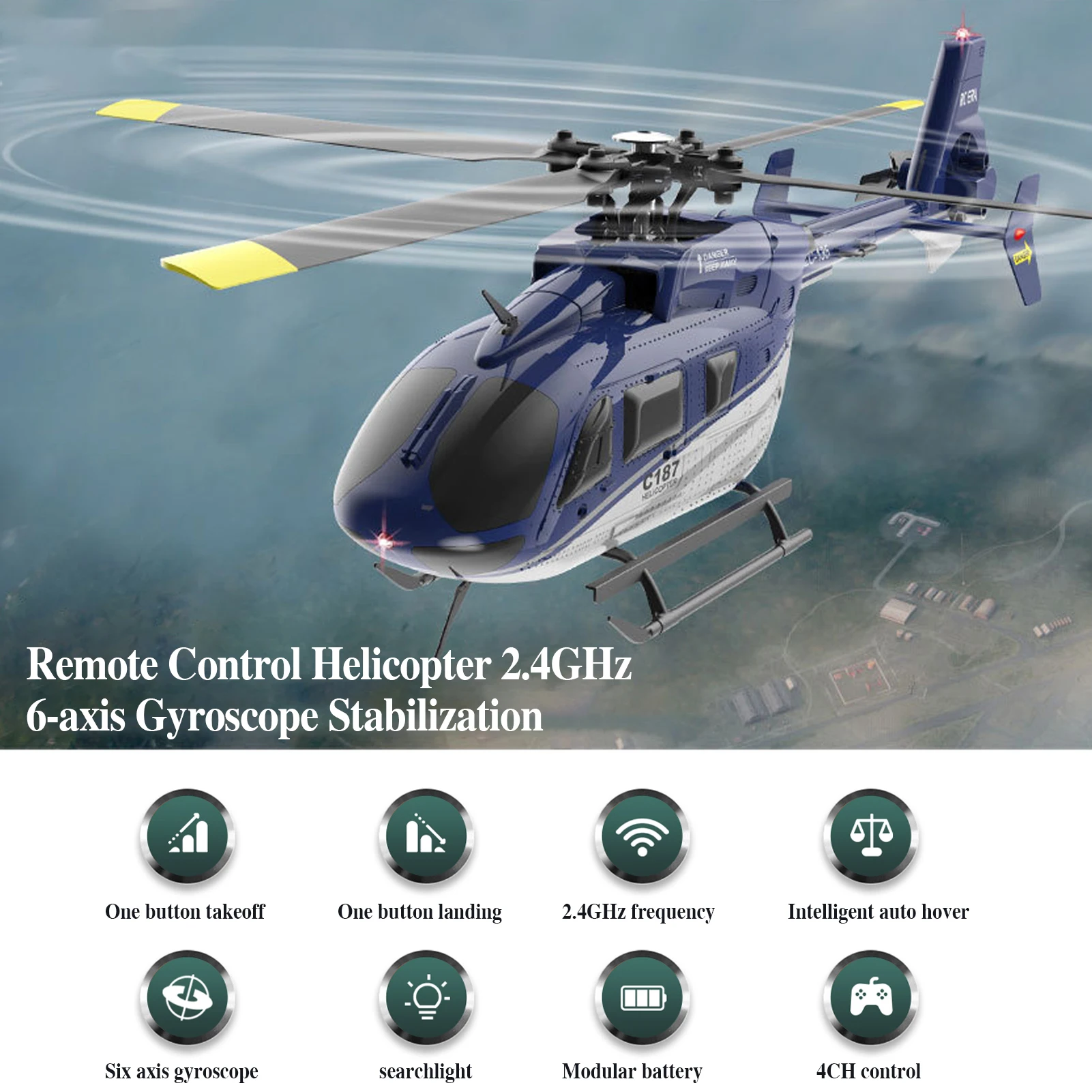 

2.4GHz 4CH Remote Control Drone 6-Axis C187 Remote Control Helicopter Gyro Altitude Hold Toy RC Helicopter RTF Gift for Adults