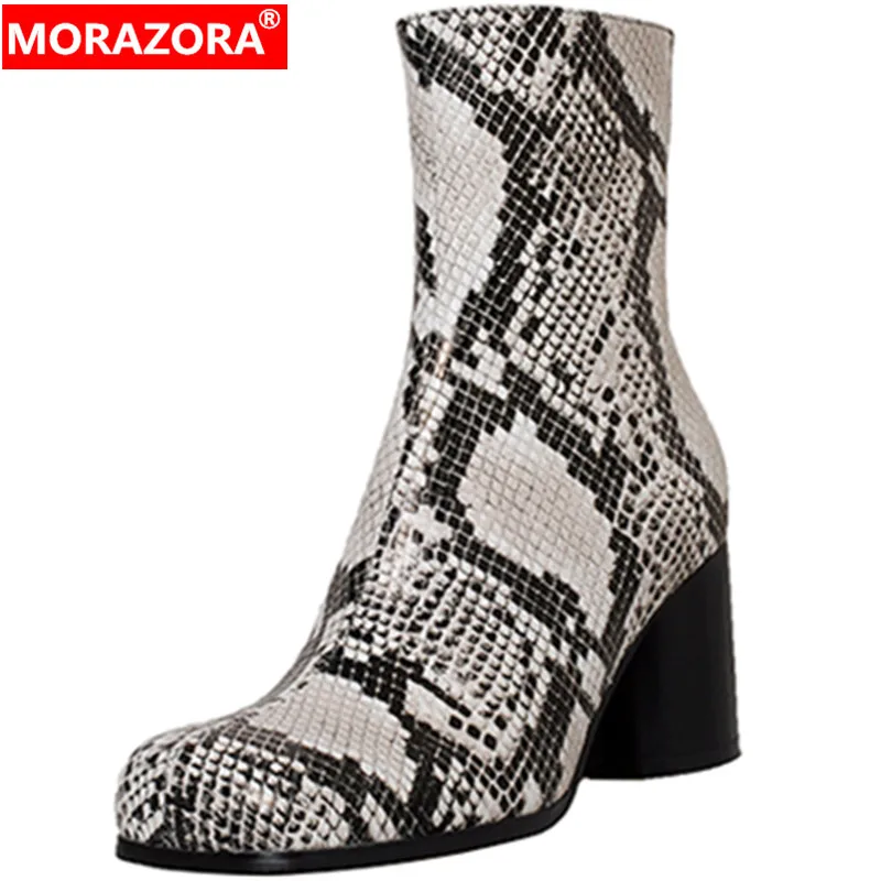 

MORAZORA 2022 New Arrive Snake Pattern Zipper Women Boots Ankle Modern Boots Spring Autumn Thick High Heels Shoes