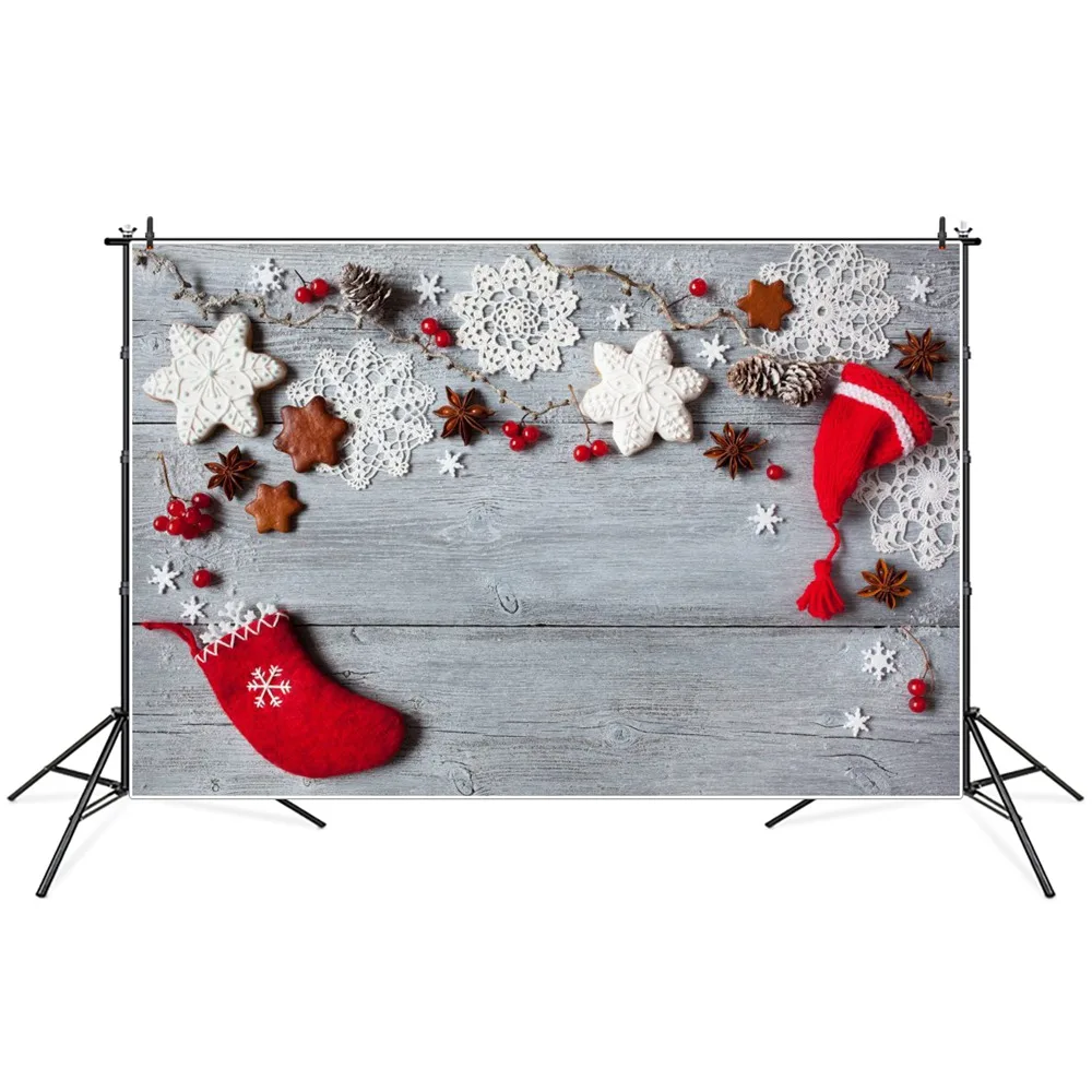 

Фон для фотосъемки с изображением рождественских снежинок Красных Носков шляпы деревянных досок