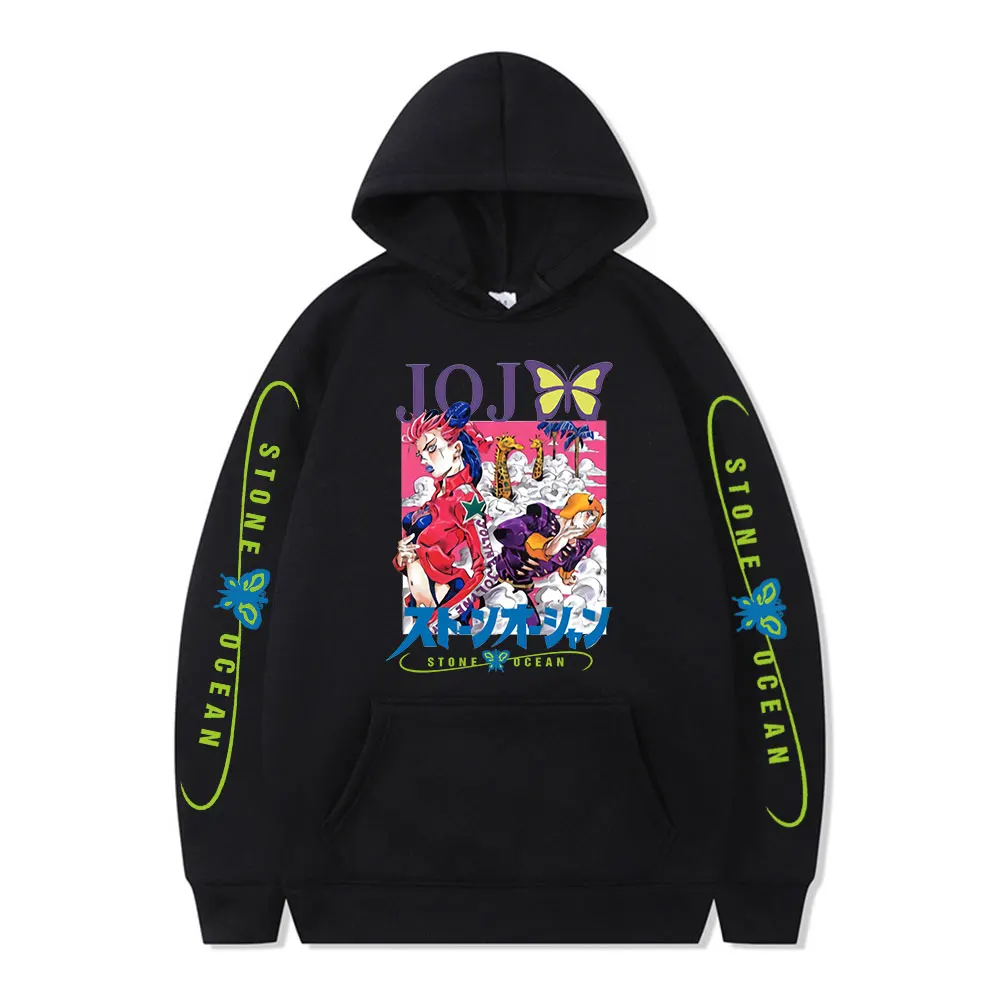

Толстовка мужская оверсайз с рисунком японского аниме, Джоджо невероятные приключения, пуловер с рисунком манги, камня, океана, Черная
