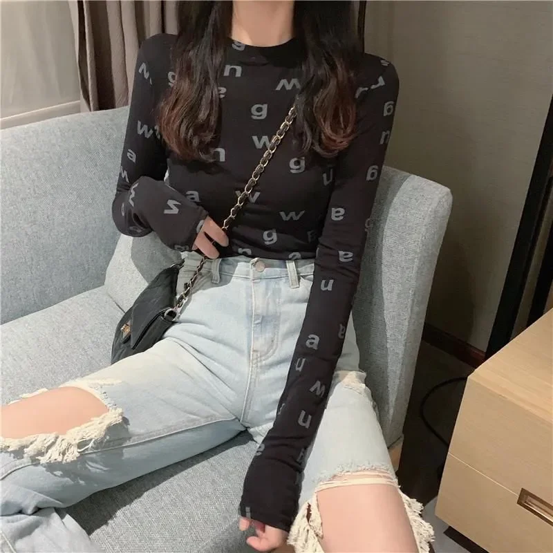

2023 Women's Fashionable and Unique Letter Printing T-shirt Spring and Autumn Y2K Fashion Long Sleeve O-Neck Tight Top T-shirt S