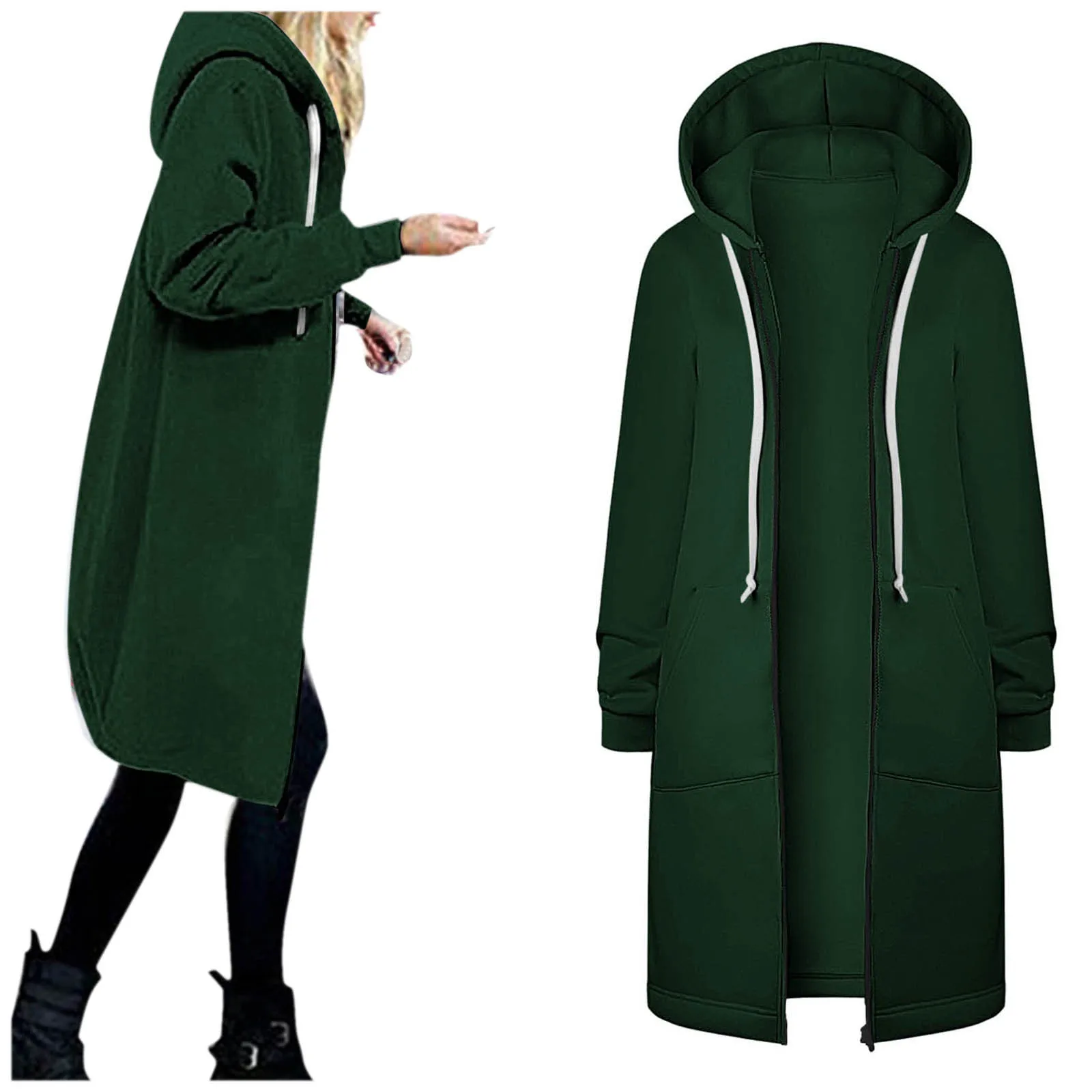 

Lightweight Ladies Jackets Womens Hoodies Coat Fall Winter Warm Pockets Drawstring Zipper Open Thin Hooded Jackets Long