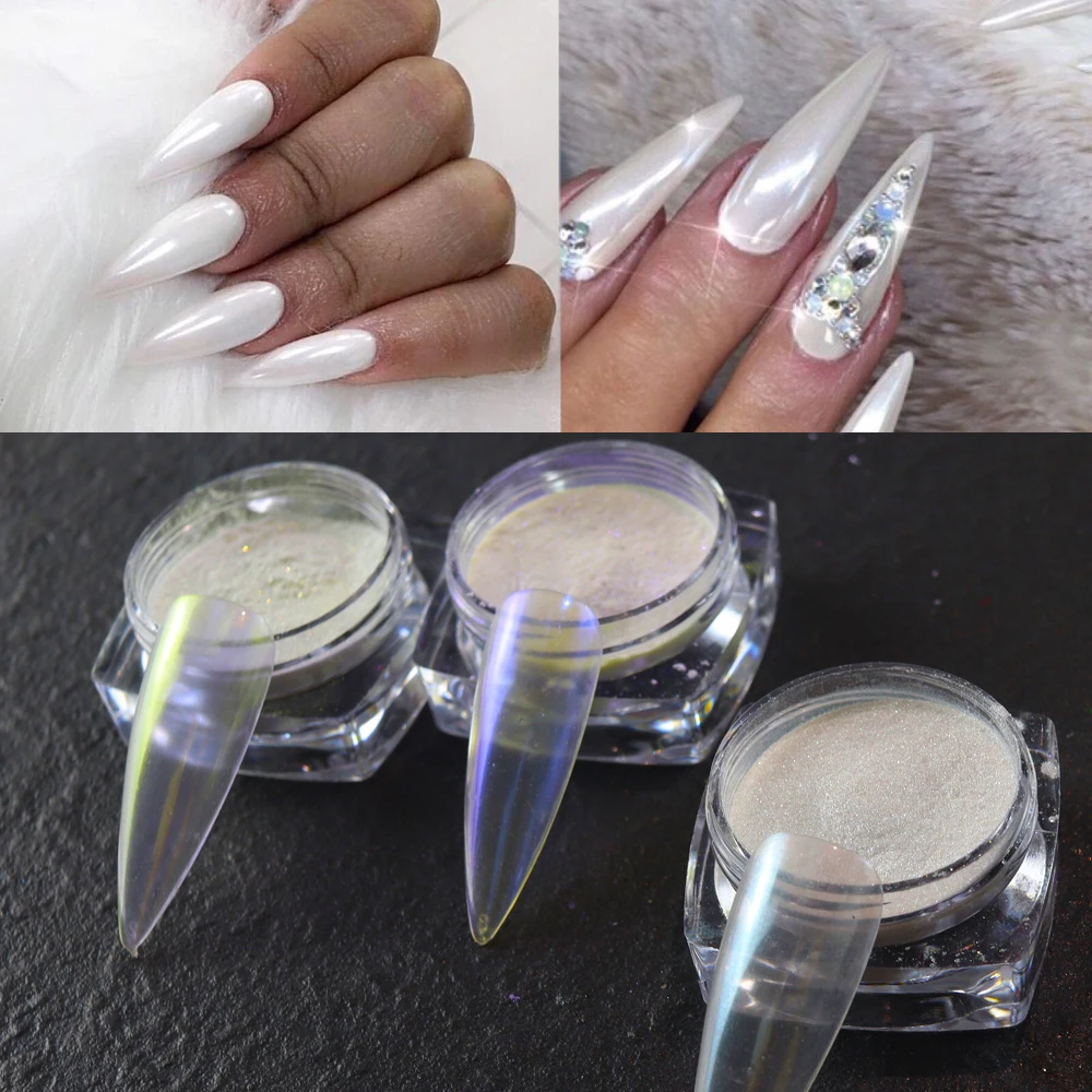 

Fine Pearl White Nail Powder Aurora Mirror Chrome Nail Glitter Shimmer Rubbing on Dust Pigment Manicure Holographic Decorations