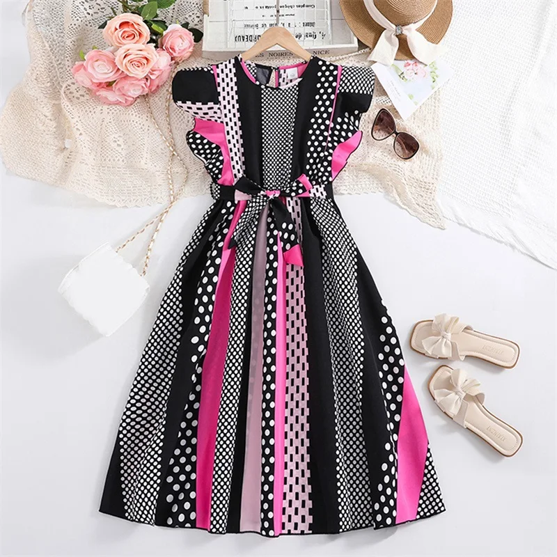 Платье детское летнее в горошек с круглым вырезом и поясом