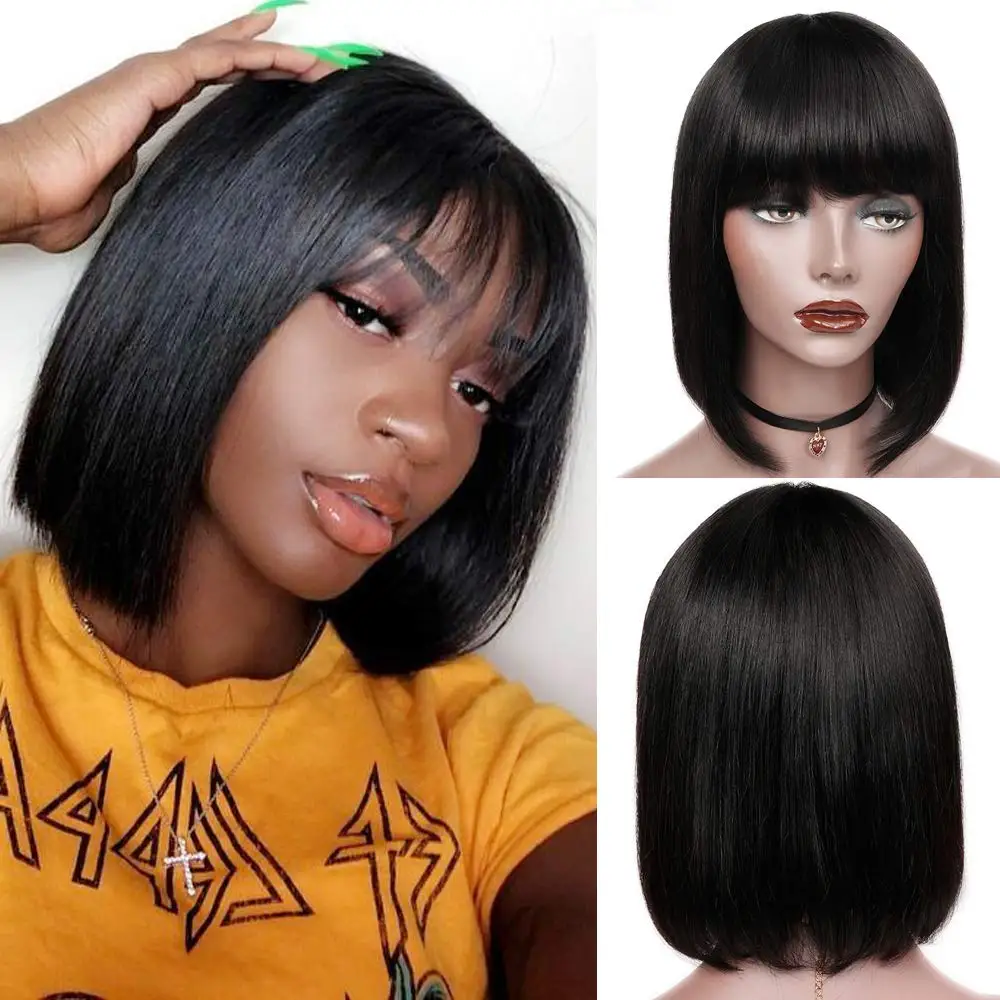 Straight Wig With Bangs Brazilian Fringe Bob Human Hair Wigs Remy Full Machine Made Human Hair Wigs For Women 8-32 Inch Wig