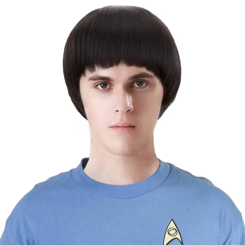 Free Beauty Black Short Spock Cosplay Wig 1960s Men Synthetic Bowl Cut Mushroom Hair Wigs for Anime Costume Halloween Party