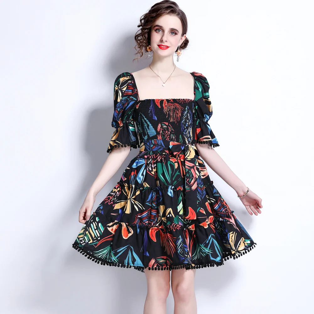 

Women's 2022 spring and summer new style puff sleeves fashion square neck temperament high waist print dress women