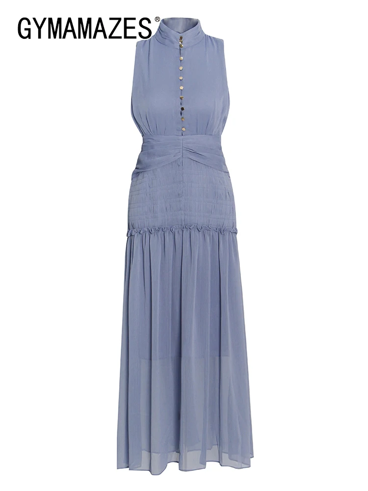 

GYMAMAZES Elegant Solid Tank Long Dress For Women Stand Collar Sleeveless High Waist Midi Dresses Female Fashion Clothing Style