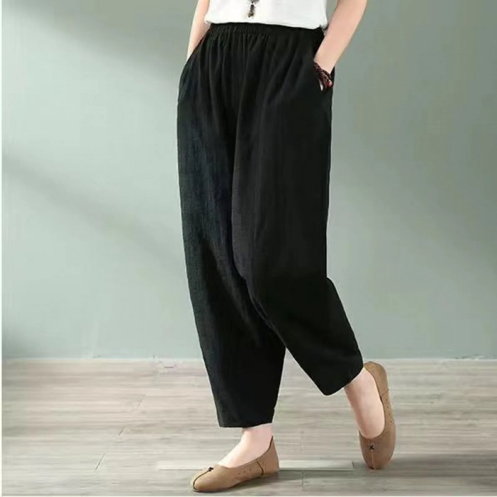 

Women Cotton Linen Pants 2023 Summer Solid Color Elastic Waist Loose Straight Trousers Female Harajuku High Waist Wide Leg Pants