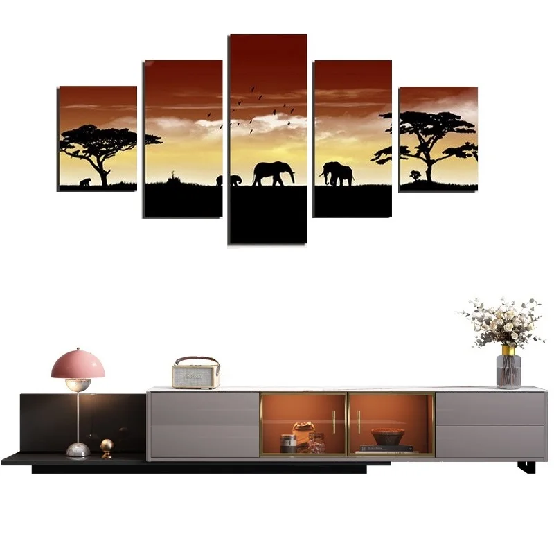

Angel's Art 5pcs/Set Unframed The Elephants In The Sunset Landscape Print Modern Wall Decoration Canvas Painting