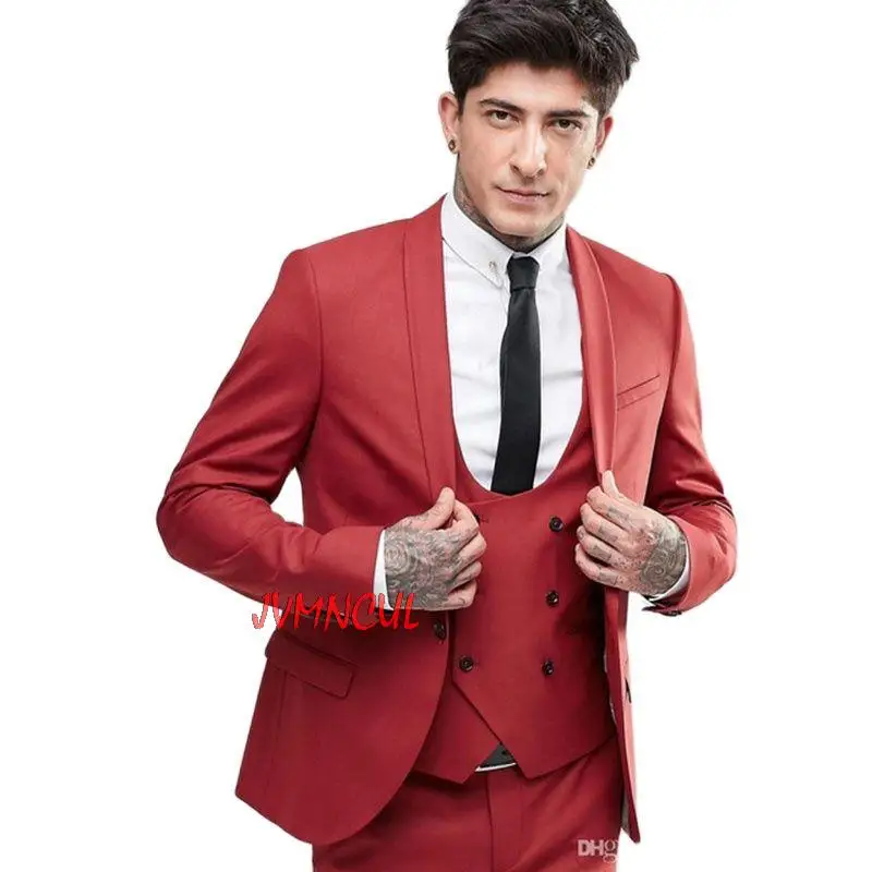 

3Pcs Handsome Groom Dress Shawl Collar Red Blazer Trousers Man Suits Best Men Coat Clothes Wedding Party Wear(Jacket+Pants+Vest)