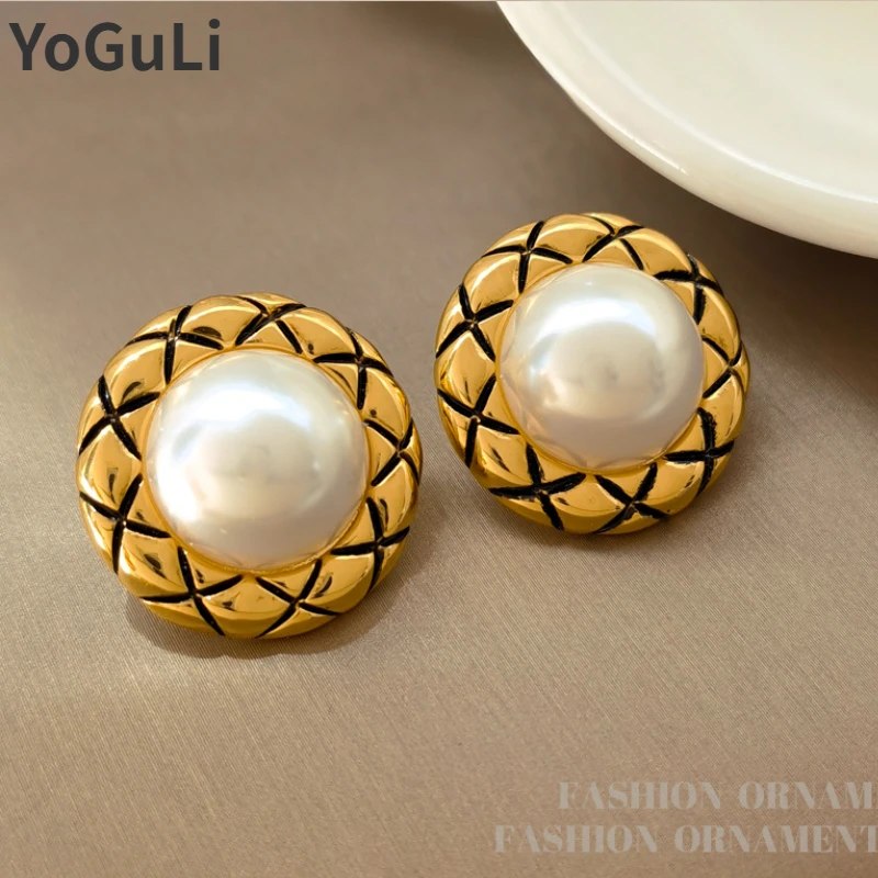 

Retro Jewelry 925 Silver Needle High Quality Brass Gold Color Simulated Pearl Stud Earrings For Women Girl Gift Ear Accessories