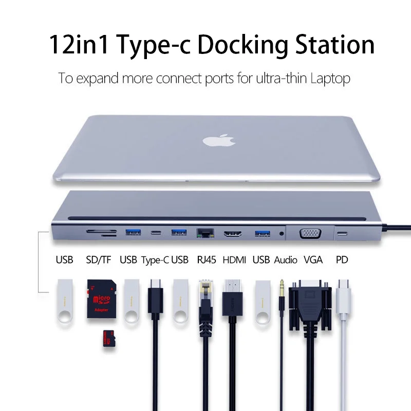 

12 in 1 USB C Hub USB3.0 Type-c Data Transfer SD/TF Card Reader RJ45 3.5mm Audio PD Charge Type C to HDMI 4K VGA Docking Station