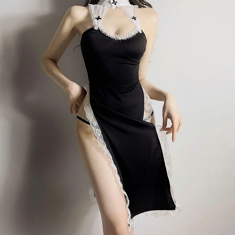 

Halloween Black Nun Cosplay Costume Sexy Cross White Lace Lingerie for Women Girls Cheongsam Outfits Valentine Day Sister Gifts