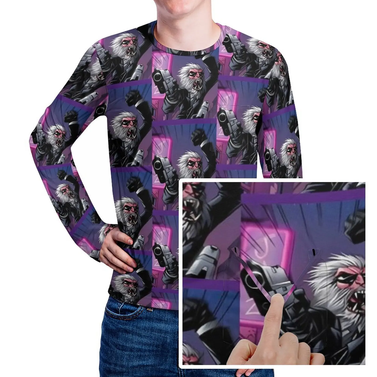 

Hit Monkey T-Shirt Funny Animal Print Hippie T Shirts With Pocket Long Sleeve Graphic Tops Daily Essential Plus Size Top Tees