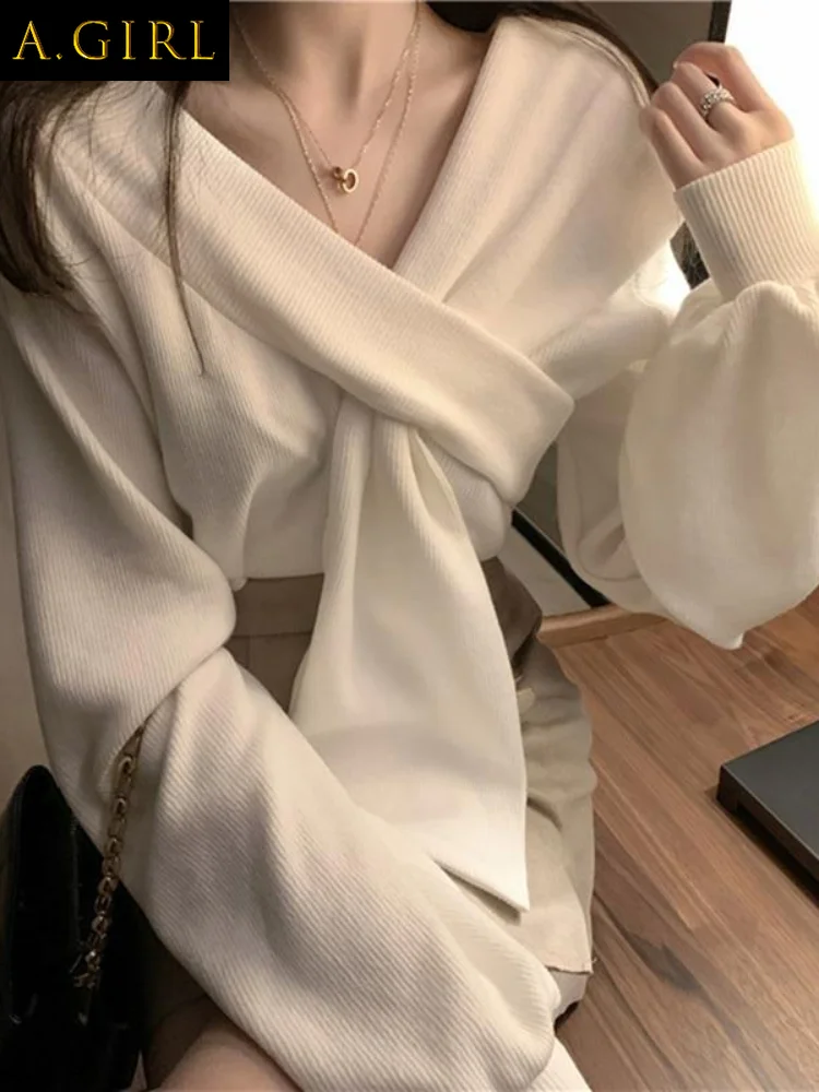 

M GIRLS Women Tender Solid Casual Criss-cross Tops Spring Aesthetic Long Sleeve Korean Pullover V Neck Clothes Simple New