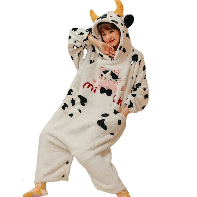 Kigurumis Women Winter Thicken Hoodies Pajamas Jumpsuit Korean Soft Warm Sleepwear Adult Cartoon Cow Cute One-Piece Pyjamas