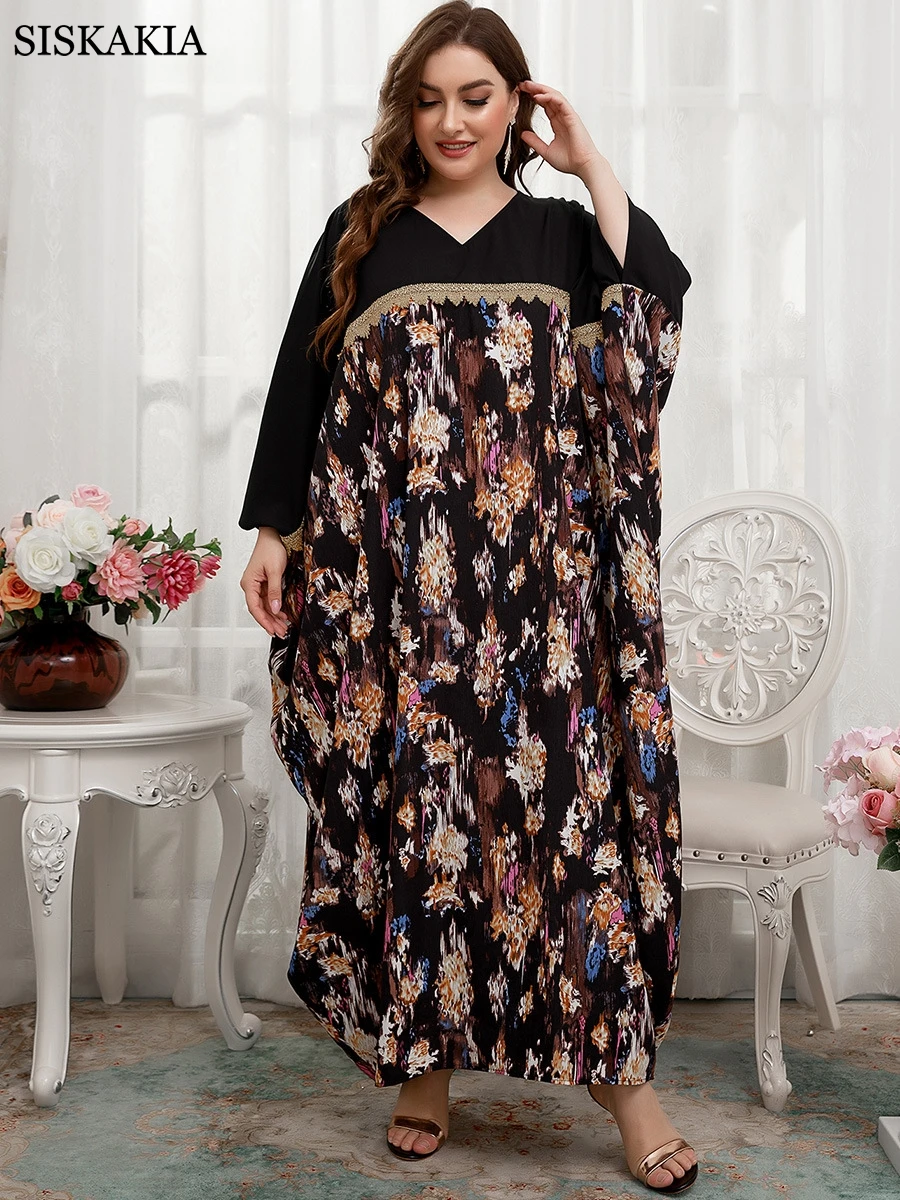 

Vintage Maxi Dress 2022 Women V Neck Bats Sleeve Loose Party Contrast Color Printed Dress Holiday Bohemian Casual Femme Robe