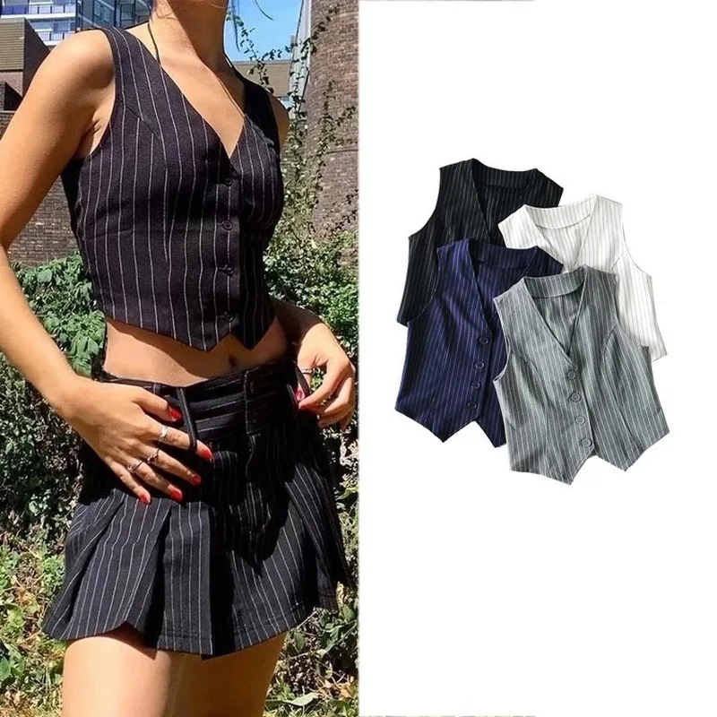 

Fashion Stripe Vest Suit Waistcoat Vest Women Summer New V-Neck Career Crop Tops Office Formal Work Wear Elegant Outerwear Mujer