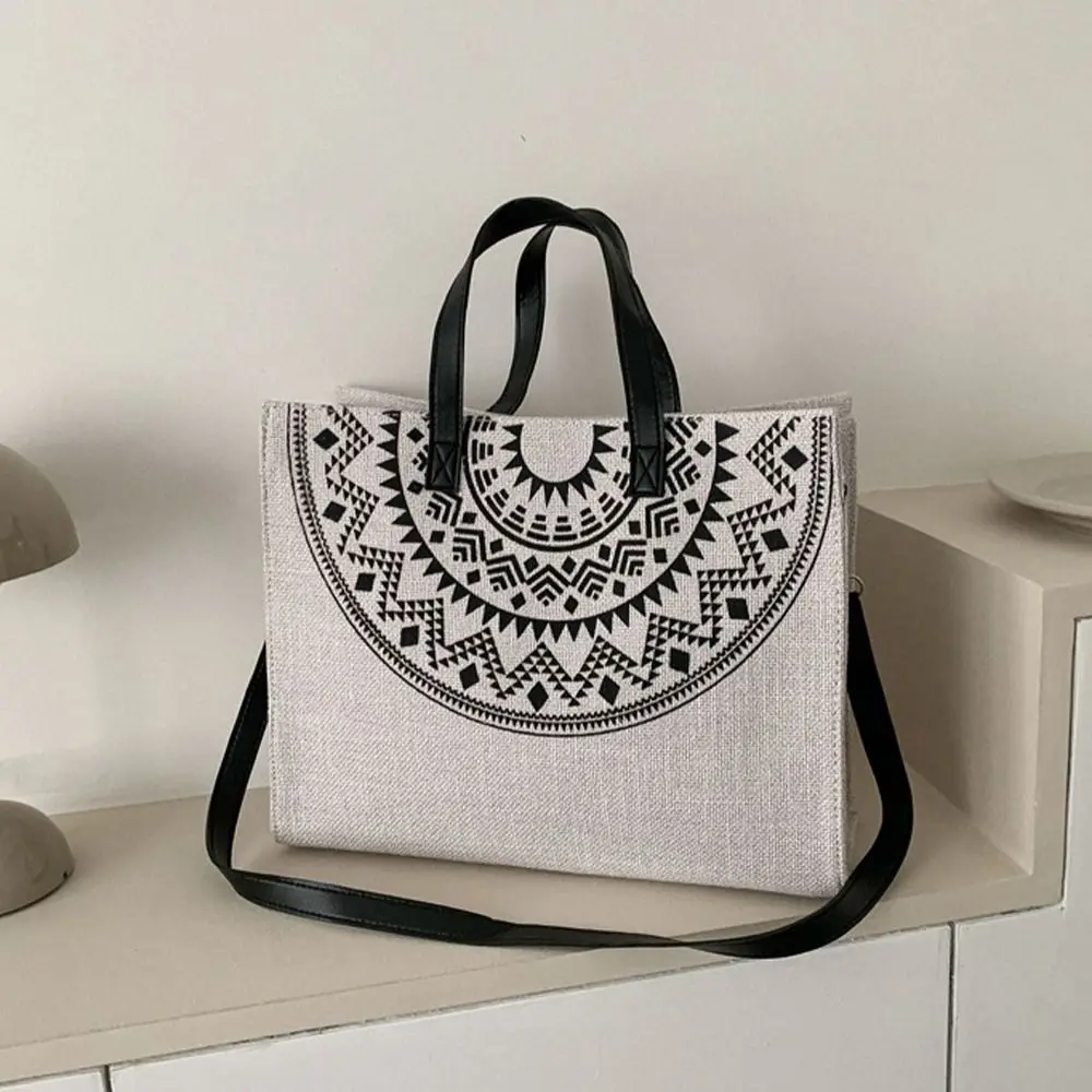 Printed Canvas Tote Bag Elegant Japanese Style Flower Large Capacity Stripe Shopping