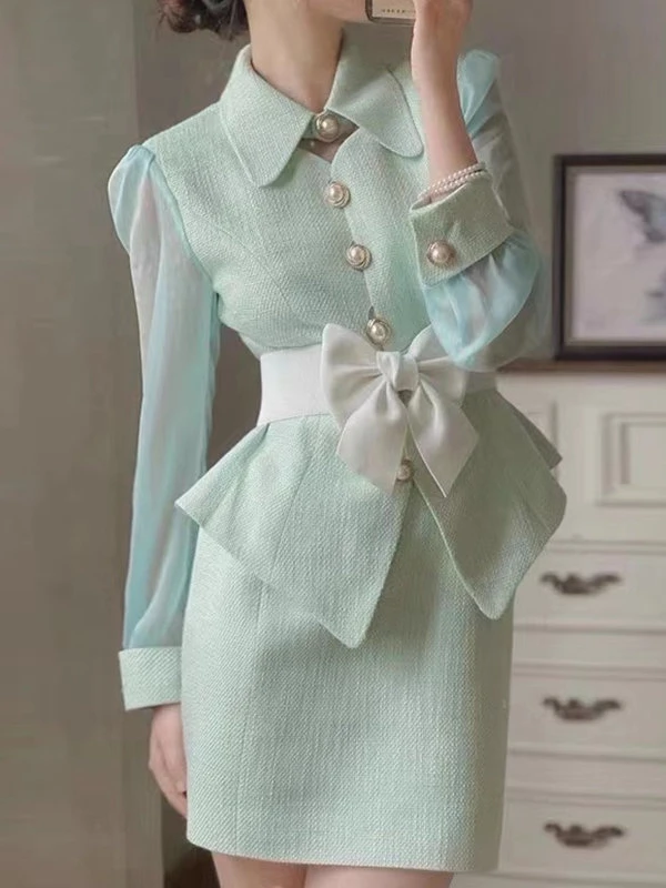 Women Woolen Skirts Set Two Piece Suits Spring and Autumn Elegant Green Tweed Coat * Mini Sheath Skirt OL Ladies Outfits 2022