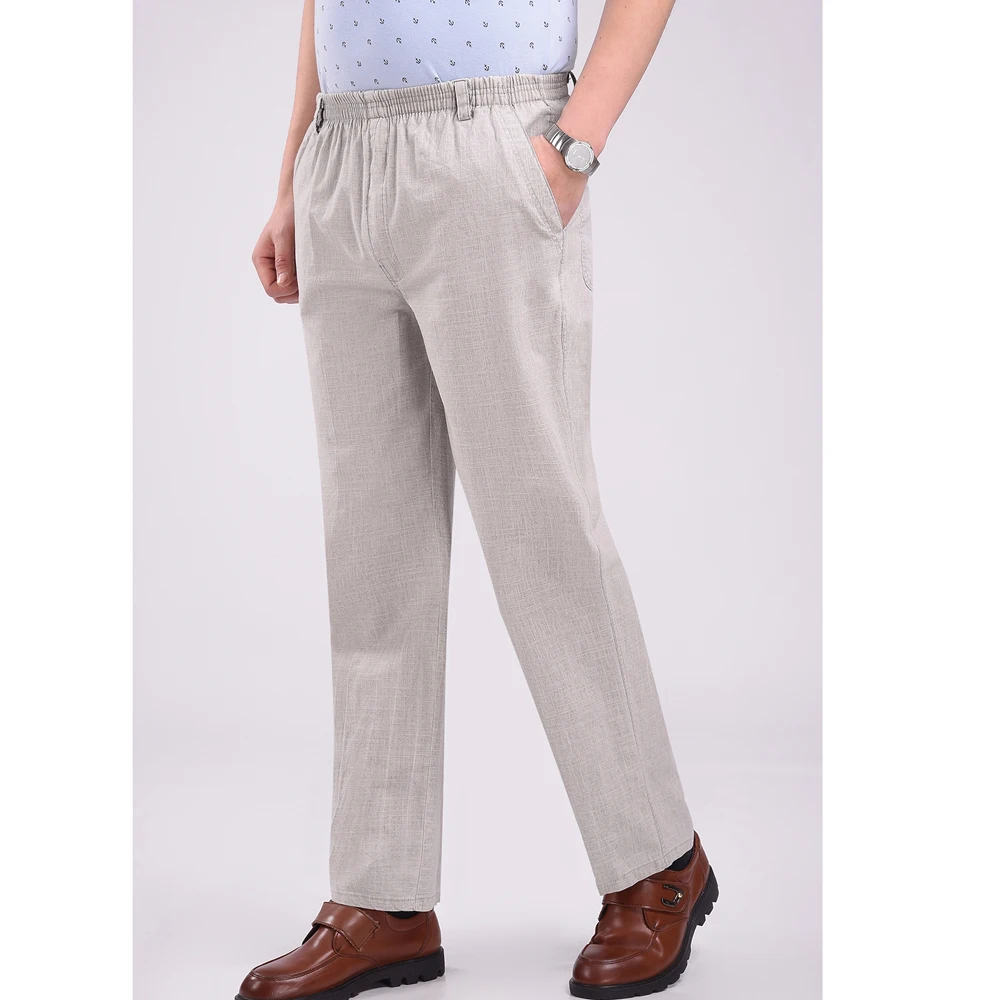 Fashion 2022 Summer Casual Loose Elastic Waist Old Men Linen Elderly High Waist Straight Dad Grandpa Slacks Fat Trousers