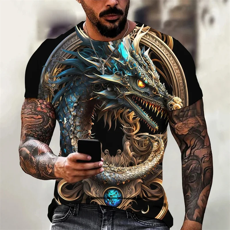 Dragon Lotus Flower Pattern T Shirt For Men Chinese Loong 3D Printed Tees Summer Casual Short Sleeve O-Neck Tops Unisex T-Shirts