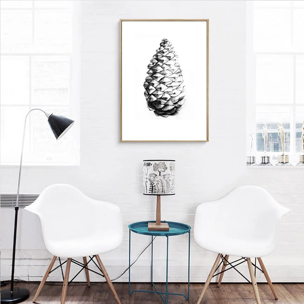 Черно-белая эскизная ручная рисованная картина соснового шишки на холсте, печати настенного искусства, нордические изображения для гостиной, декор дома.