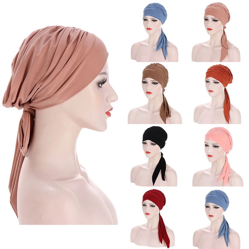 

Fashion Muslim Headscarf Sleep Hat Bonnet Hat Head Cover Turban Hat Night Cap Nagao Resuable Solid Color Folds Head Accessories