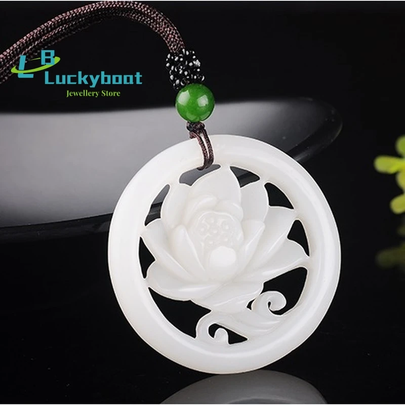 

Fashion White Jade Hollow Flower Pendant Necklace Jewellery Chinese Hand-Carved Relax Healing Women Man Luck Gifts Amulet New