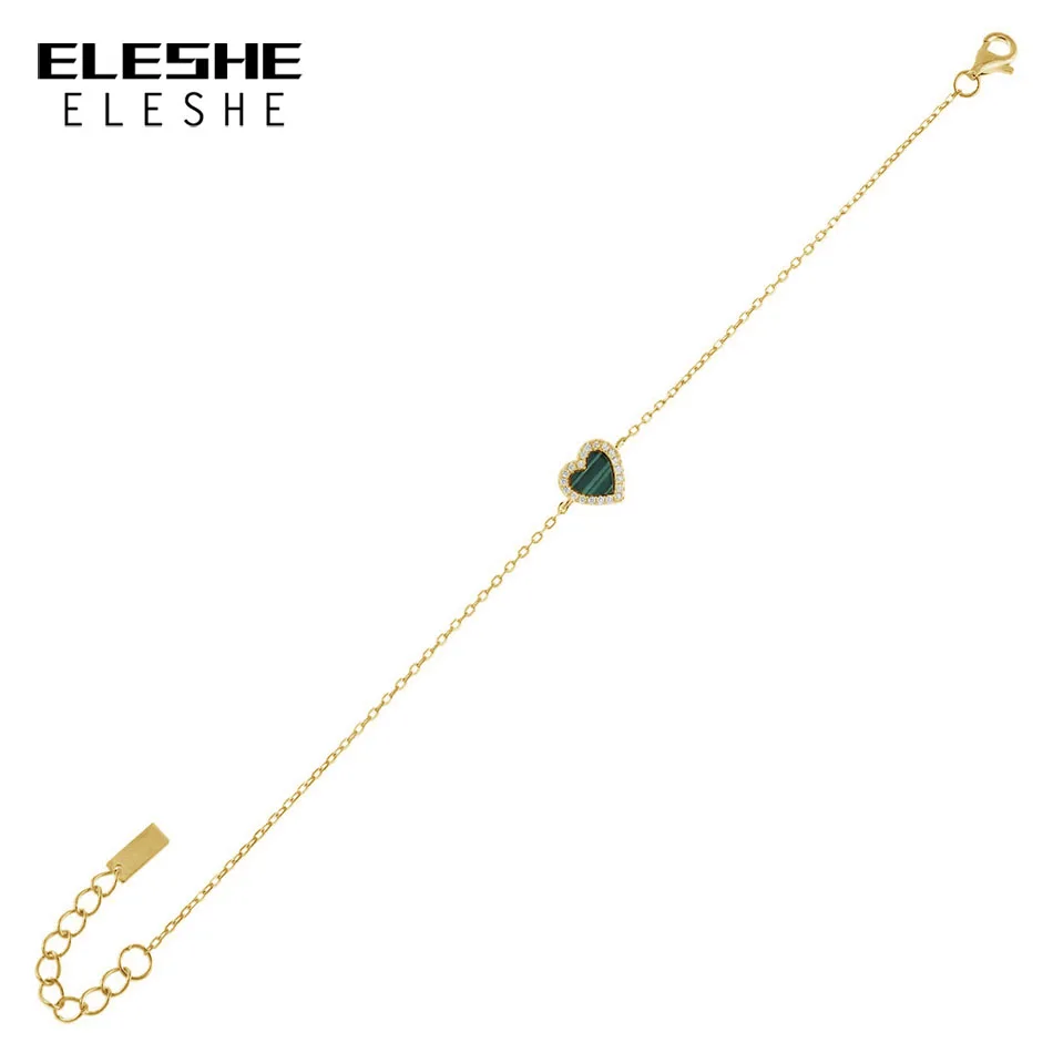 

ELESHE European and American Trendy INS 925 Sterling Silver Chain Bracelets Women 18K Gold Plated Green Heart Zircon Bracelet