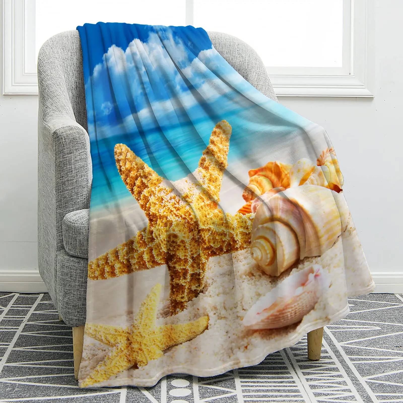 

Starfish Blanket Seashell Conch Beach Soft Lightweight Print Throw Blanket for Couch Bed Sofa Travelling Camping for Kids Adults