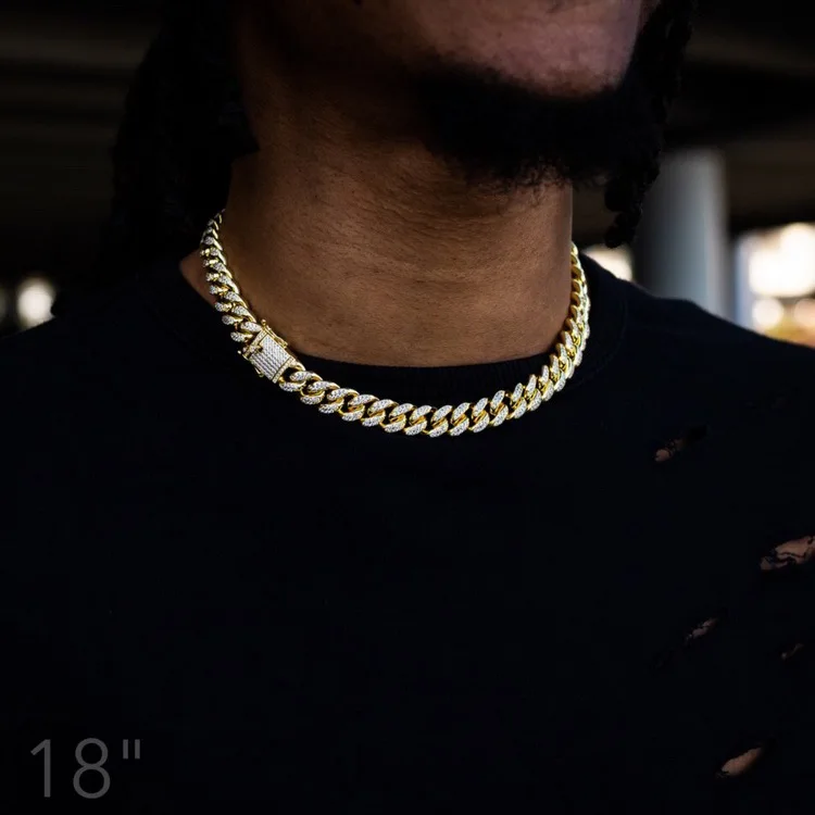 

Hip Hop Iced Out Paved Rhinestones 1Set 13MM Silver Color Full Miami Curb Cuban Chain CZ Bling Rapper Necklaces for Men Jewelry